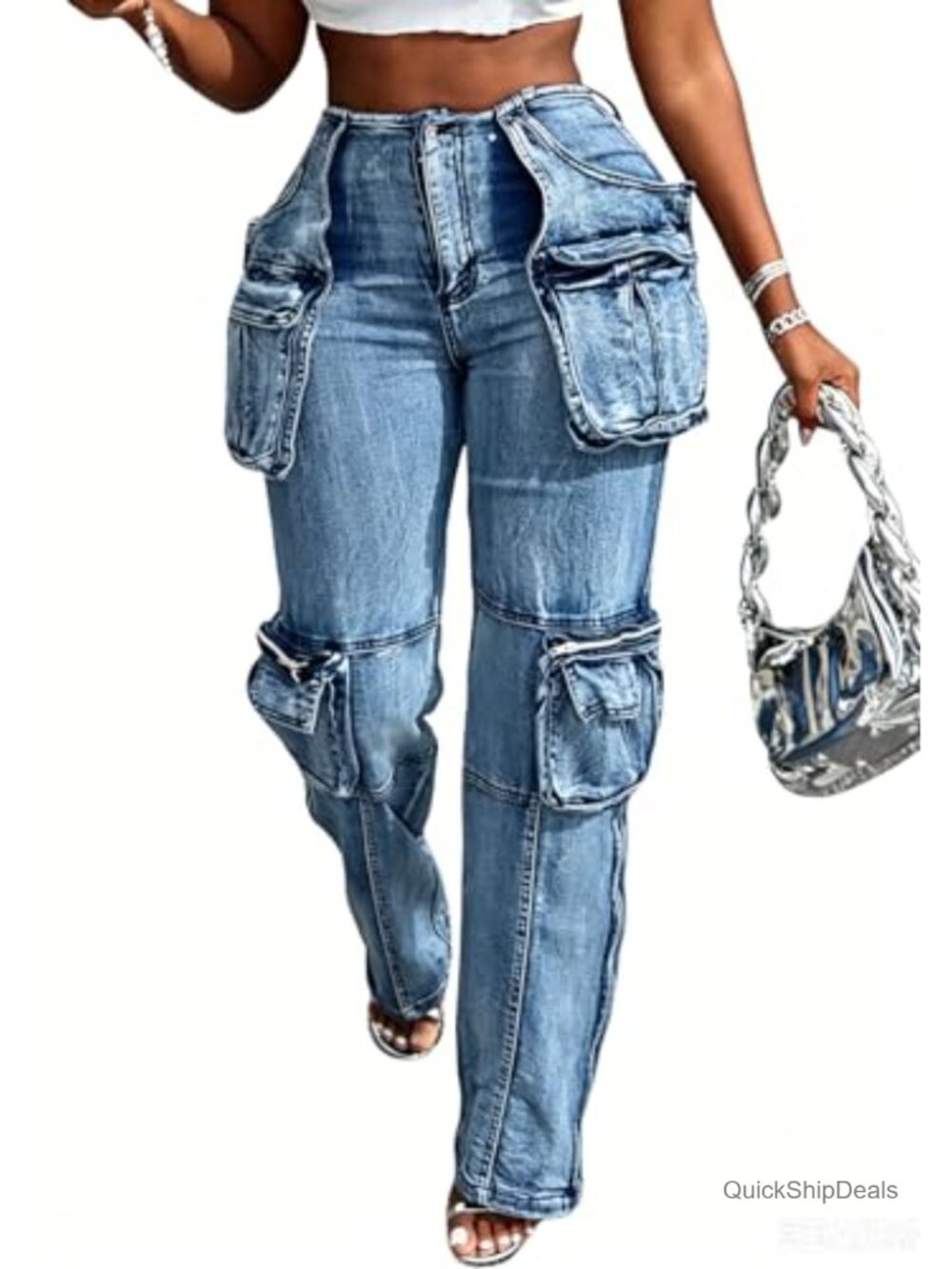 High Waisted Stretch Cargo Jeans Straight Leg Denim Pants
